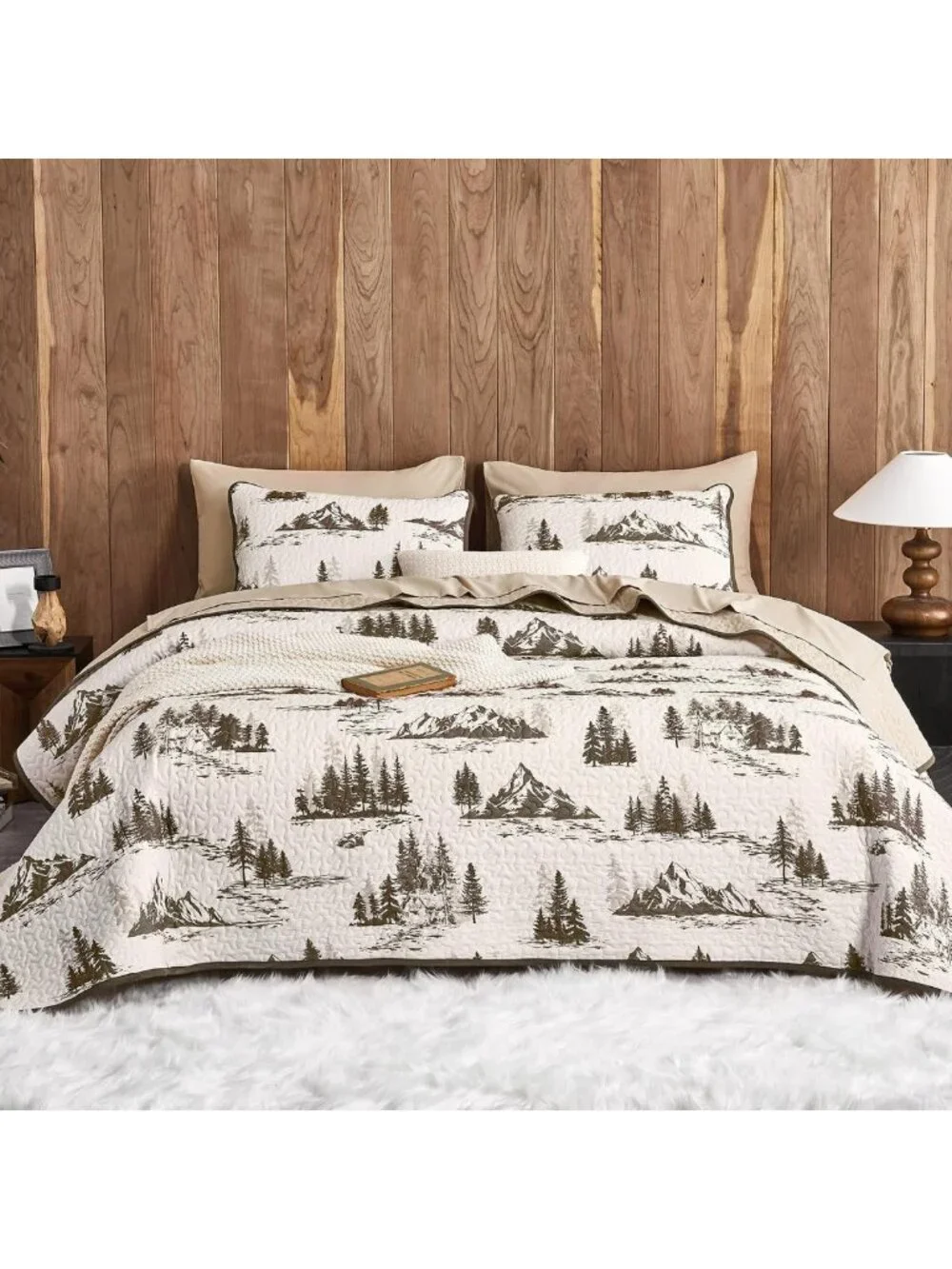 Rustic Cabin Quilt Set - Woodland Camping Theme, Reversible Lightweight